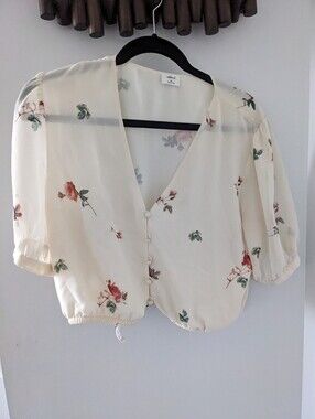 Aritzia Wilfred Women's Beige Floral V-Neck Sheer Blouse - Size US M